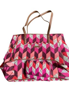 Vera Bradley Women’s Geometric Pink Tote Bag with Brown Handles and wallet